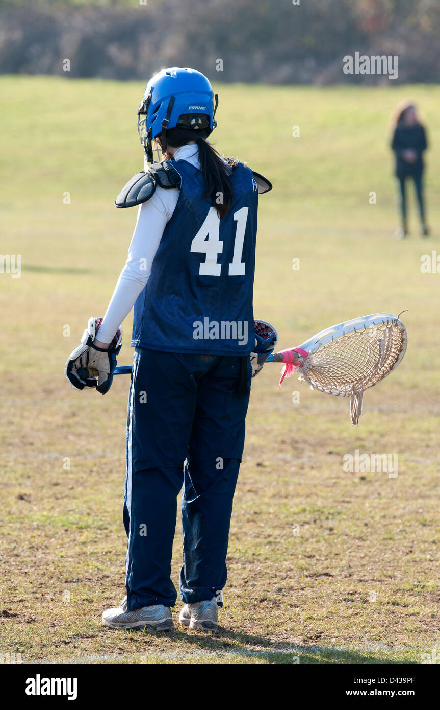 University sport, women`s lacrosse goalkeeper Stock Photo Alamy